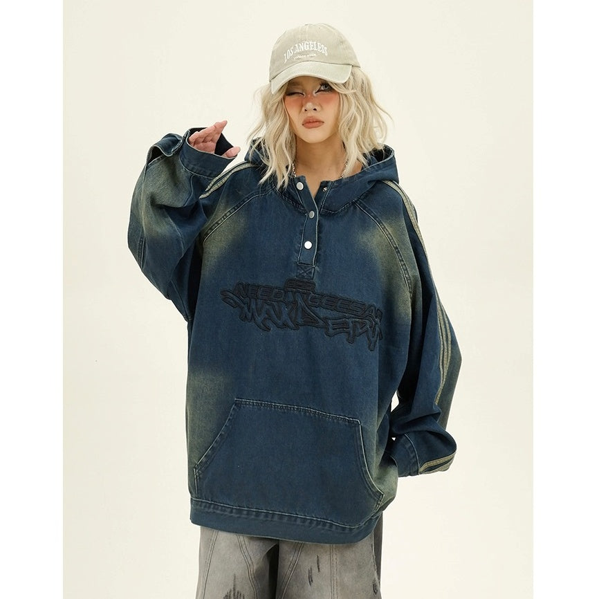 Letter Embroidery Denim Hooded Pullover MW9943