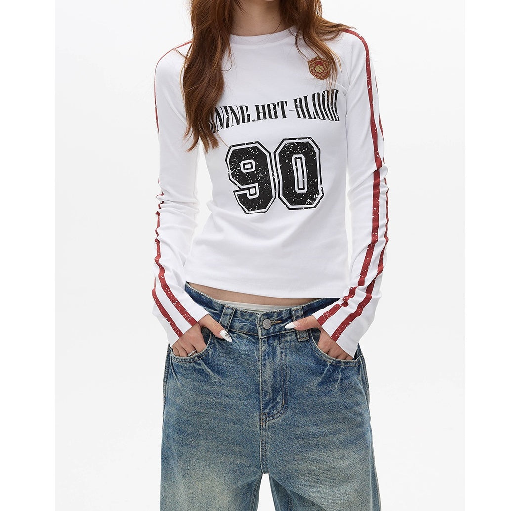 Letter Print Long Sleeve Line Slim T-shirt MW9279