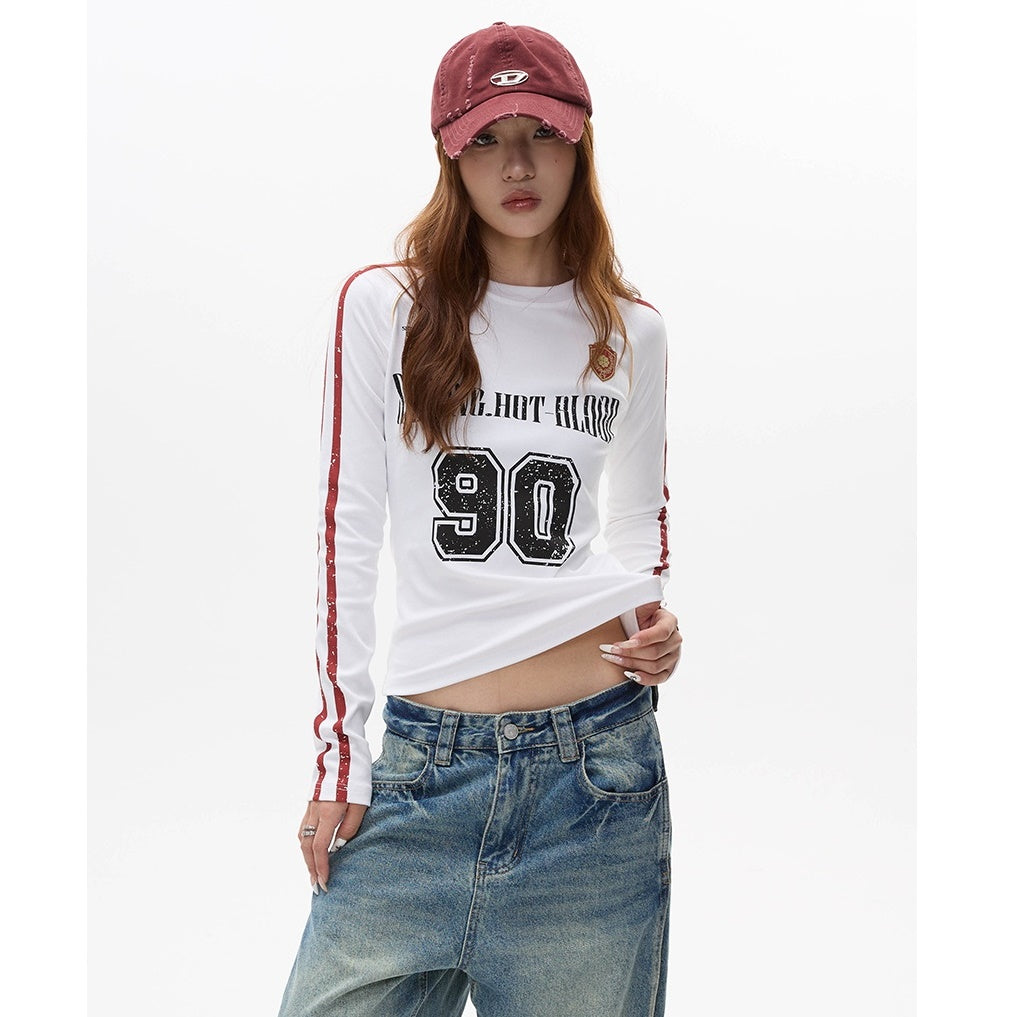 Letter Print Long Sleeve Line Slim T-shirt MW9279