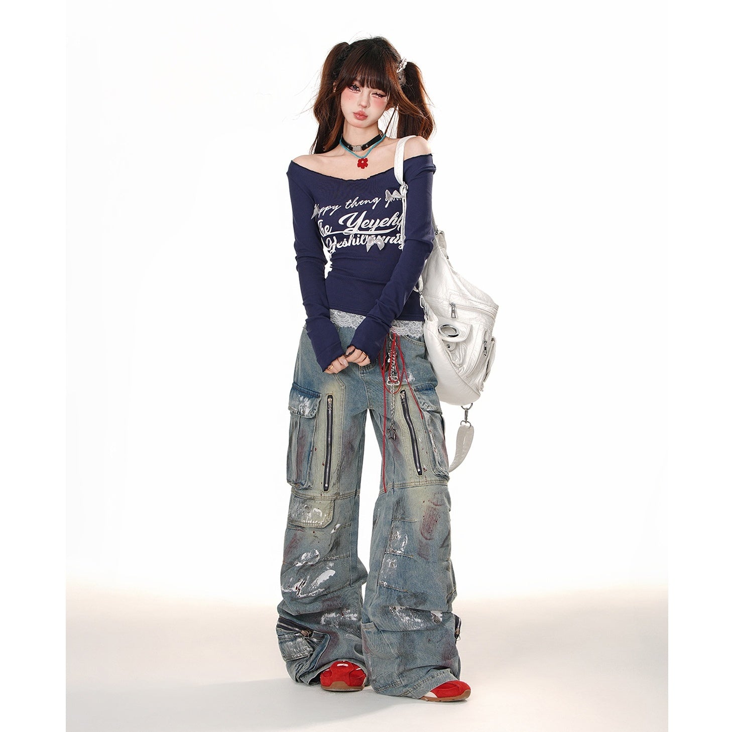 Paint Wide-Leg Zipper Cargo Jeans KK2055