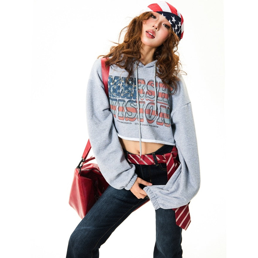 Print Cropped Wide Hoodie MW9801