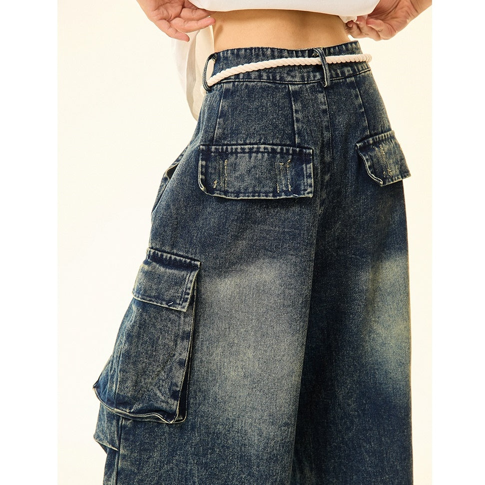 Washed Cargo Wide-leg Work Jeans MW9427