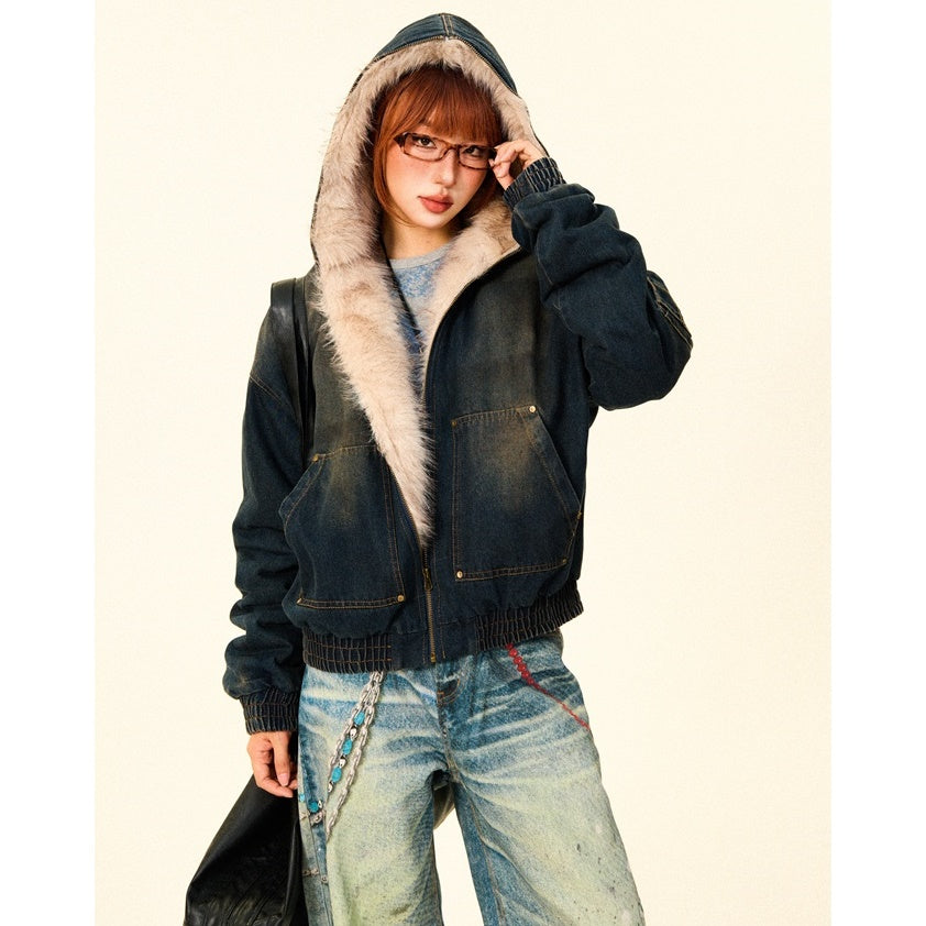 Fluffy Fur Denim Hooded Jacket MW9703