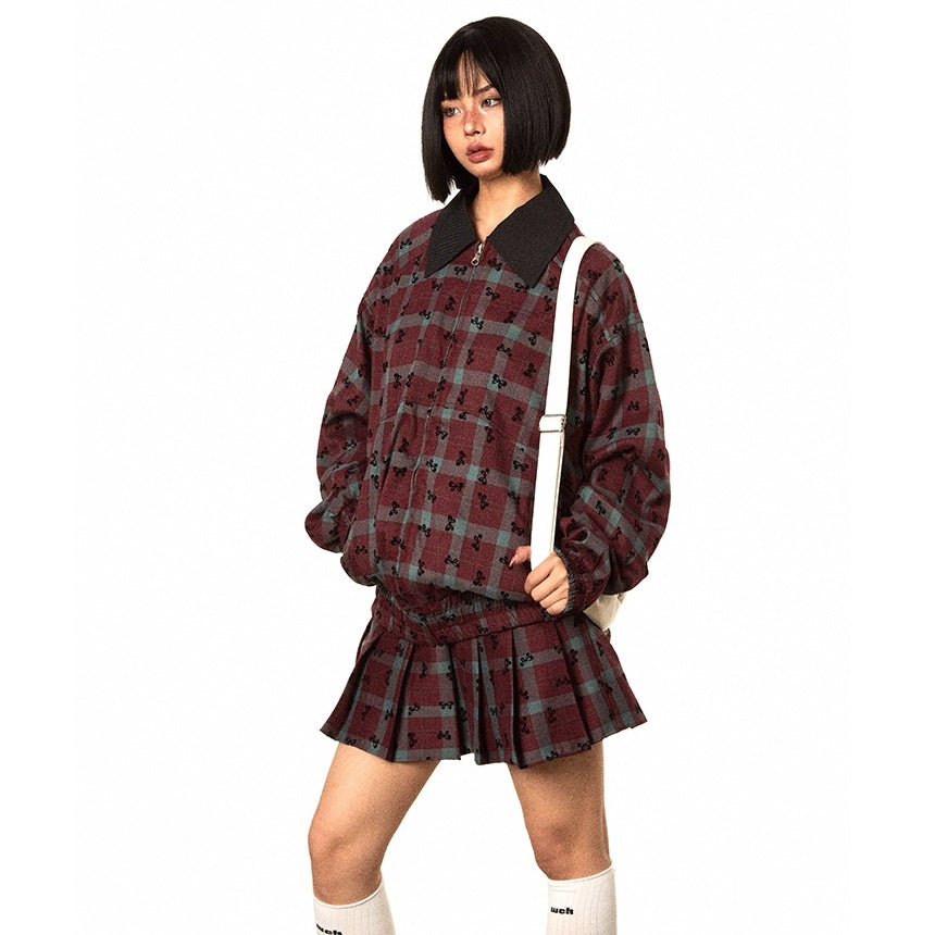 【上下別売り】Bow Print Contrast Plaid Jacket & Pleated Short Skirt Set-up MW9494