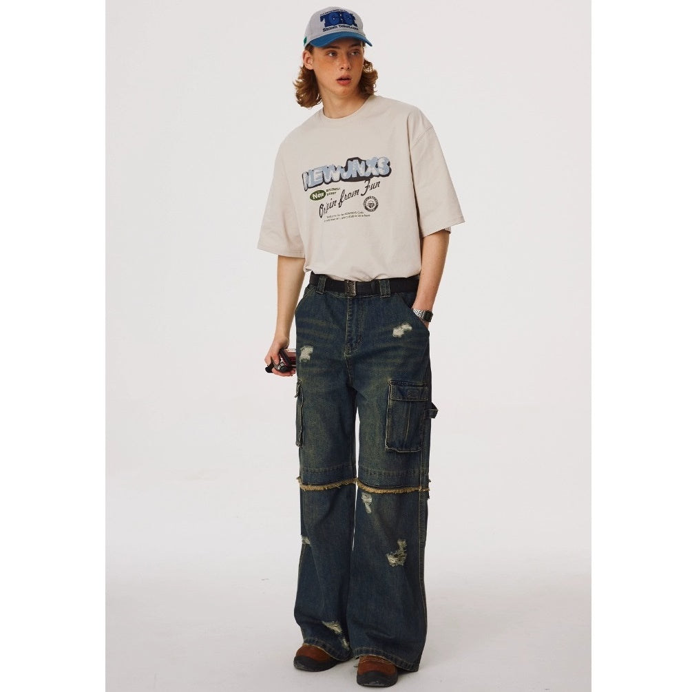 Washed Ripped Stitch Multi-Pocket Loose Painter Jeans NJ1004