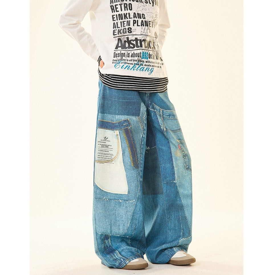 Patch Stitched Print Loose Straight Jeans MW9529