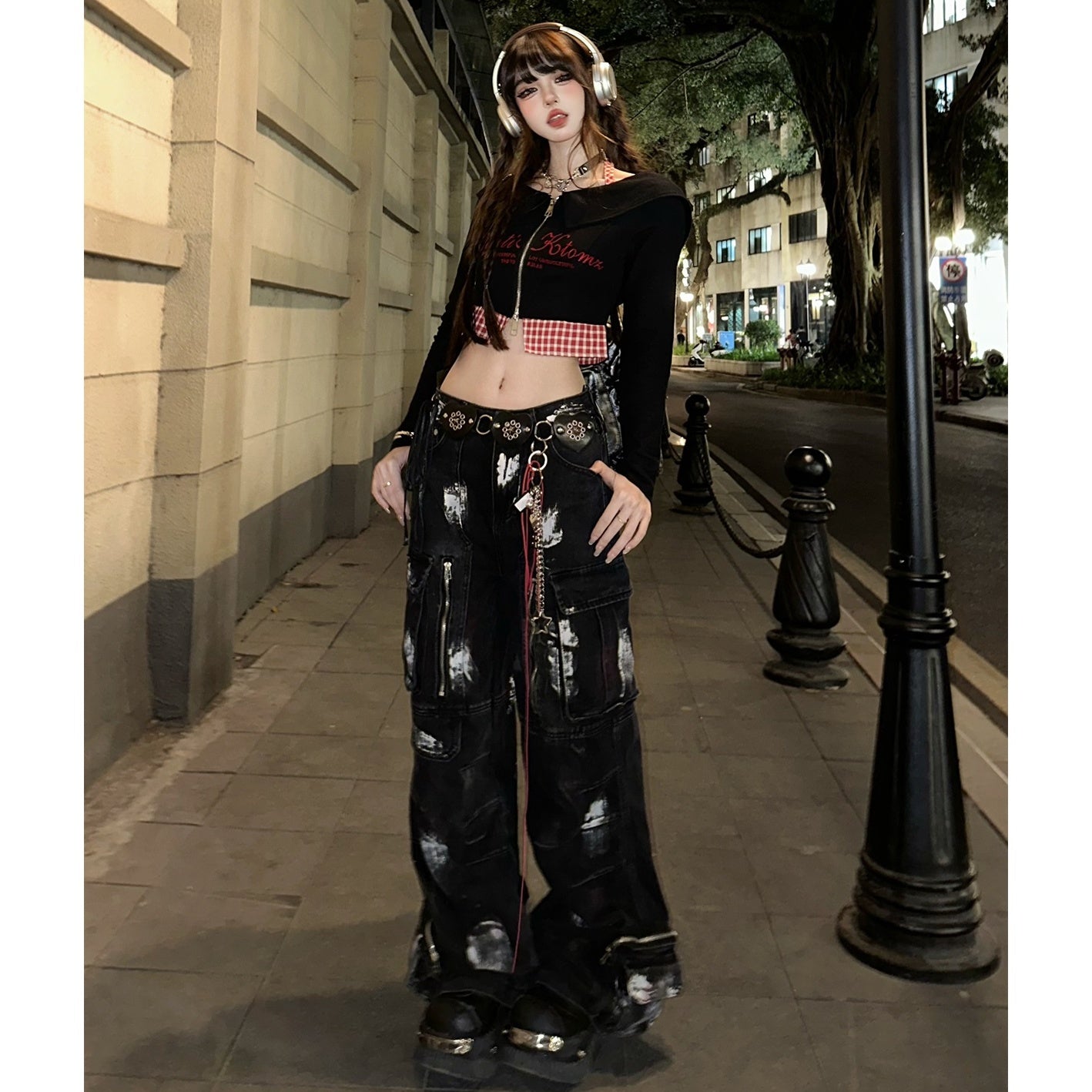 Paint Wide-Leg Zipper Cargo Jeans KK2055