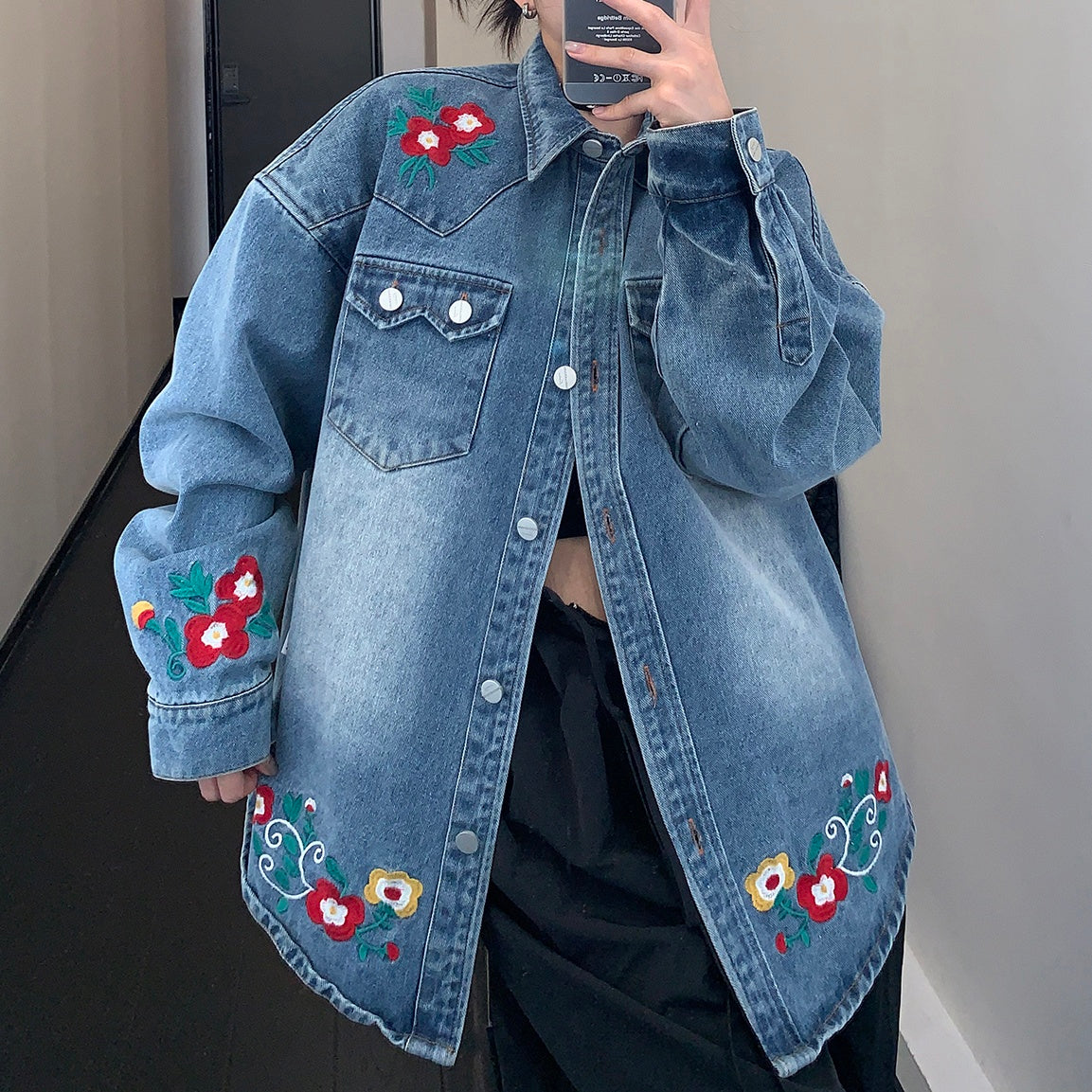 Flower Embroidered Denim Shirt Jacket MW9850