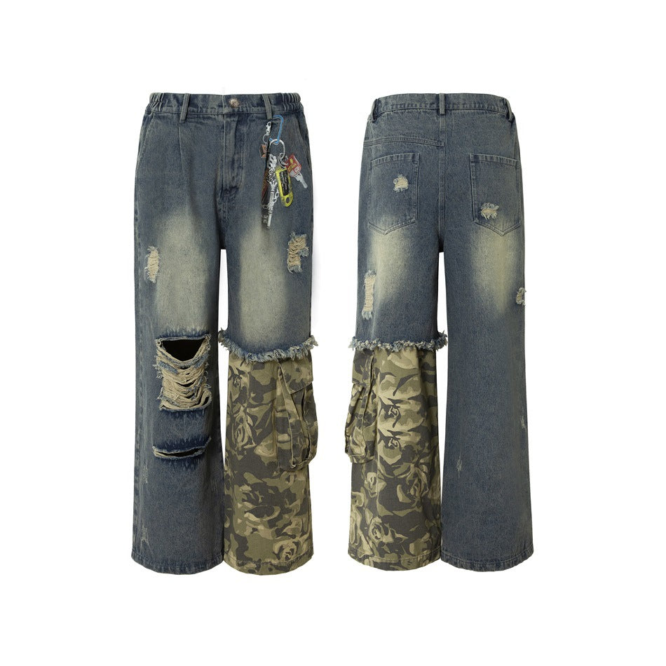 Camouflage Patchwork Loose Ripped Jeans MW10322