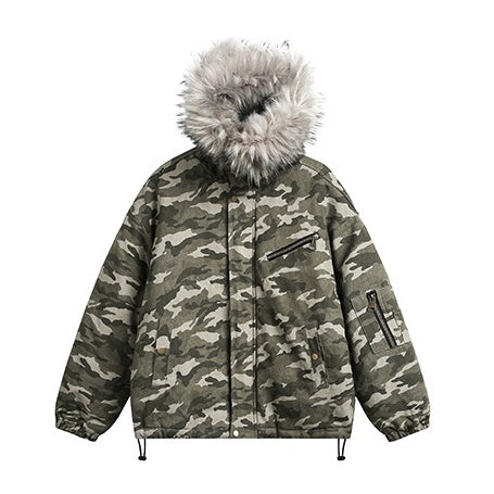 Fur Stitch Camouflage Hooded Zip Coat EZ179