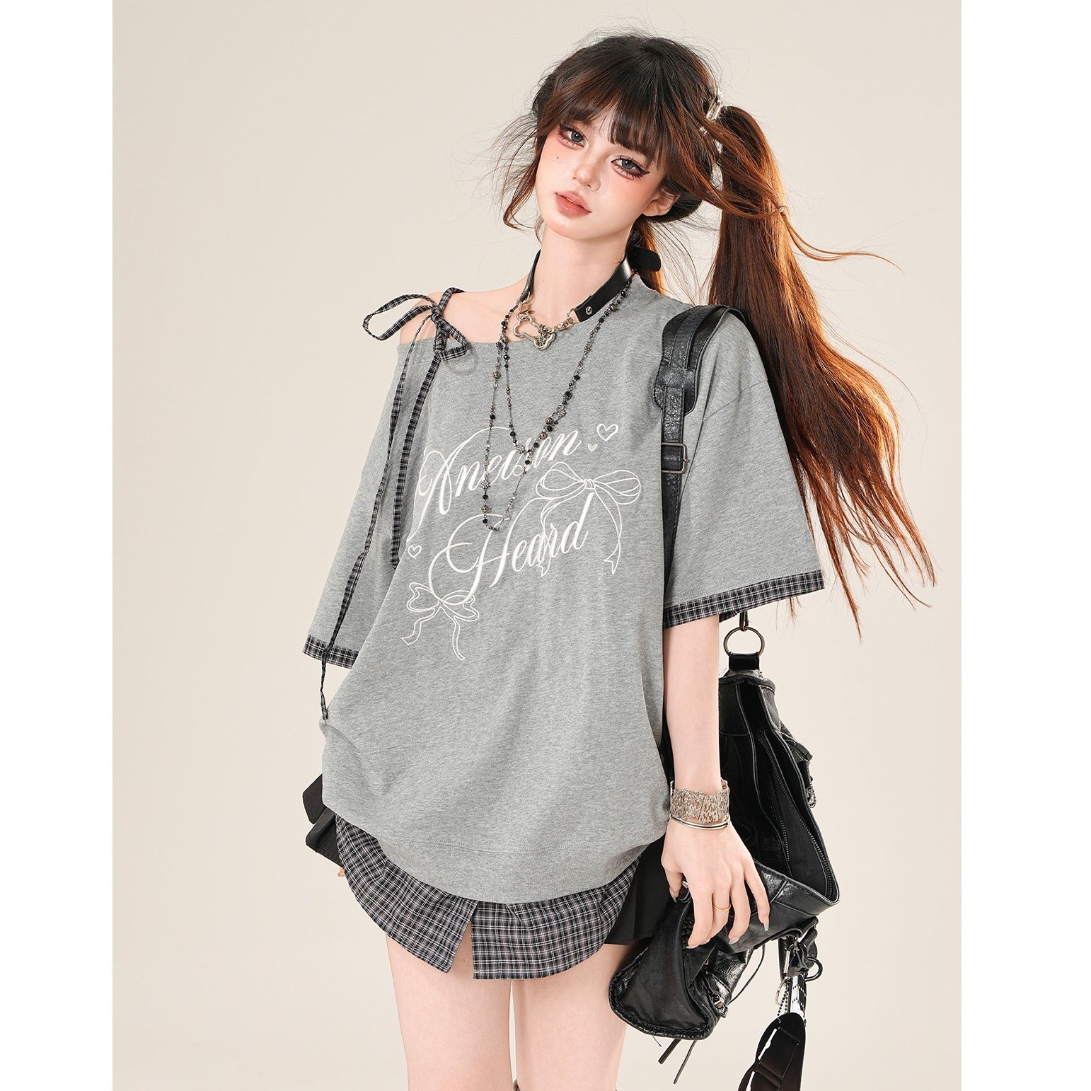Check-Panelled Loose Neck T-shirt KK2059