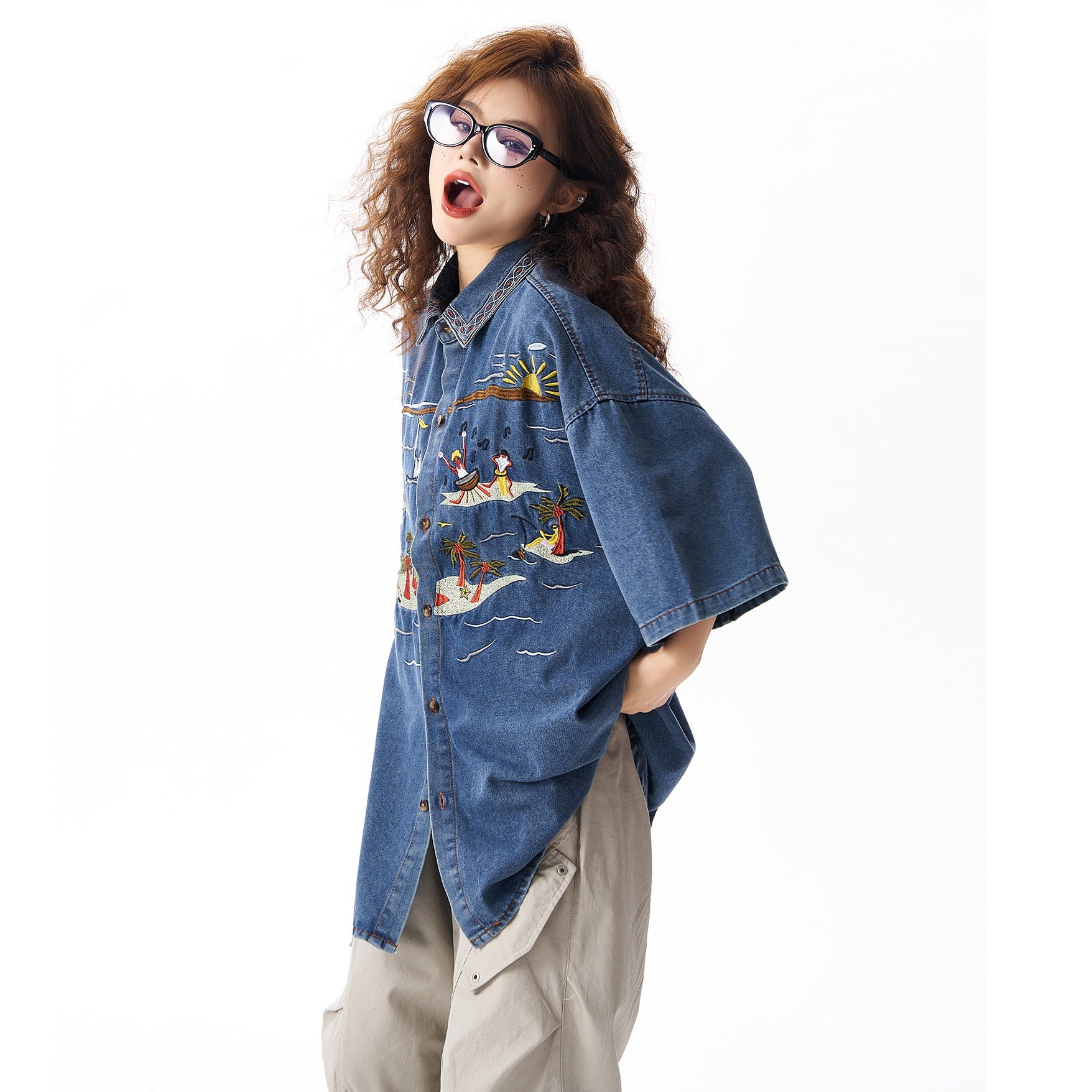 Island Hawaiian-style Embroidered Denim Shirt HG7148