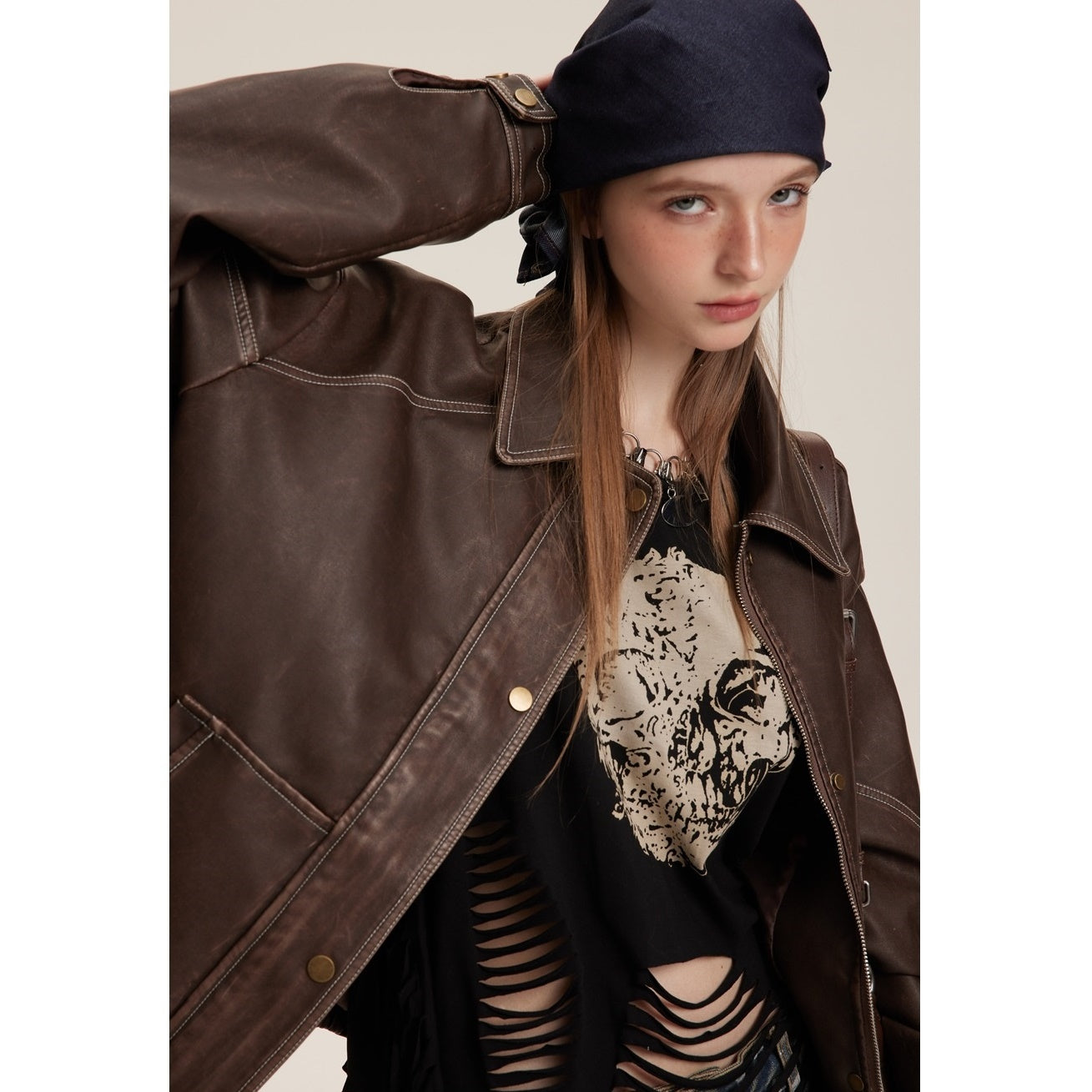 Loose Motorcycle Stitch PU Leather Jacket MW9579