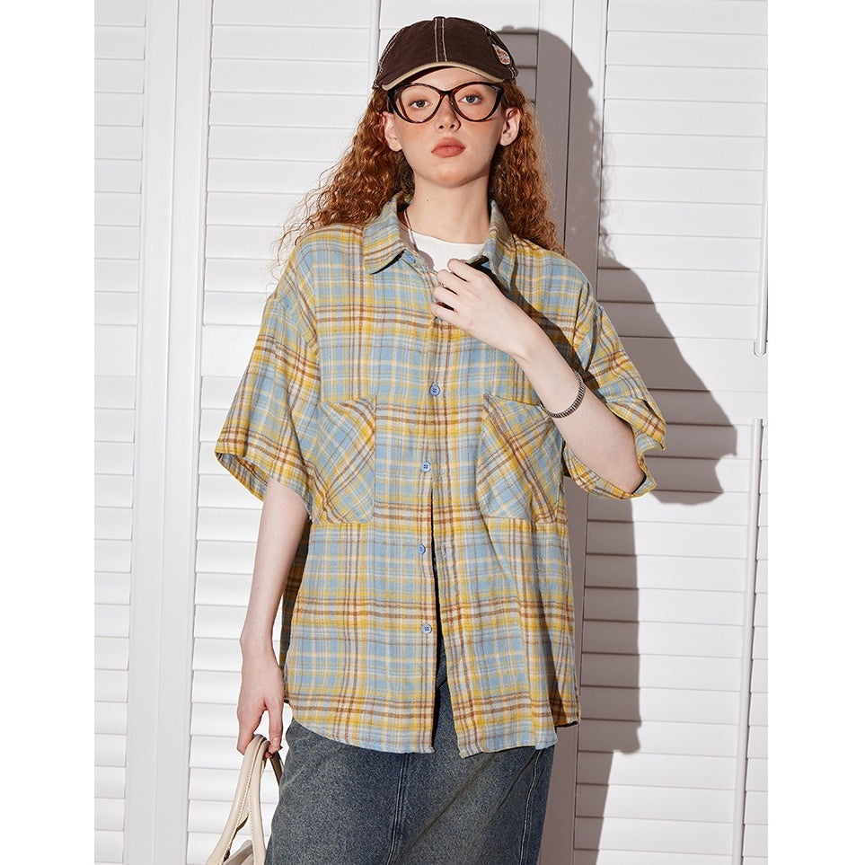 Retro Plaid Double Pocket Short Sleeve Shirt BT7012