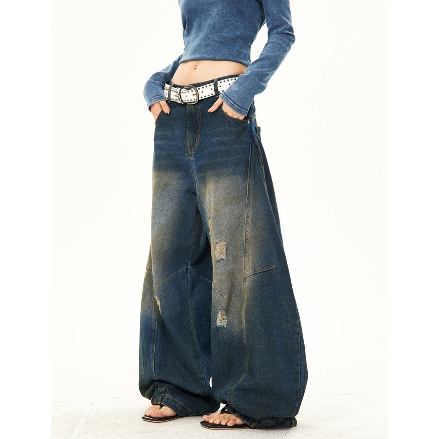 Retro Washed Ripped Stitch Design Loose Jeans YS7007