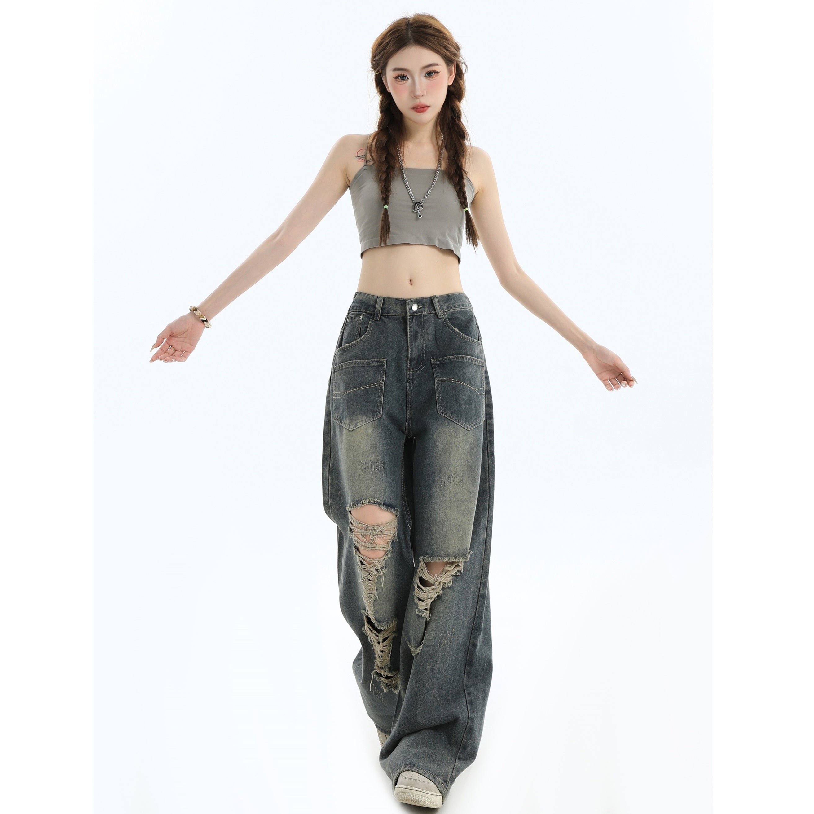 Gradient Ripped Wash Front Pocket Loose Jeans MW9361