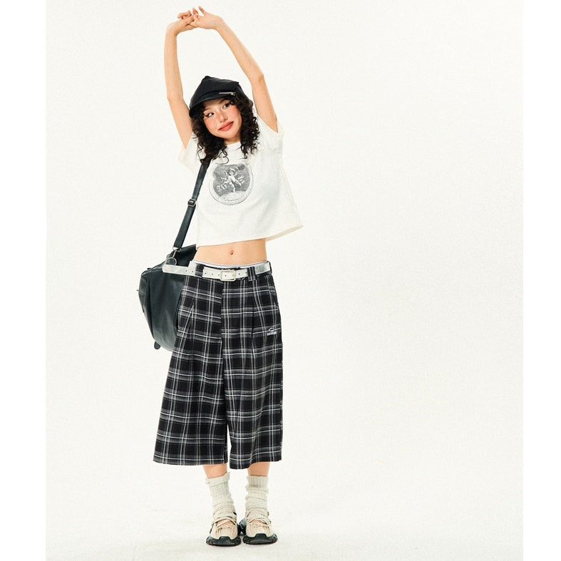 Retro Contrast Plaid Casual Cropped Pants YS7001