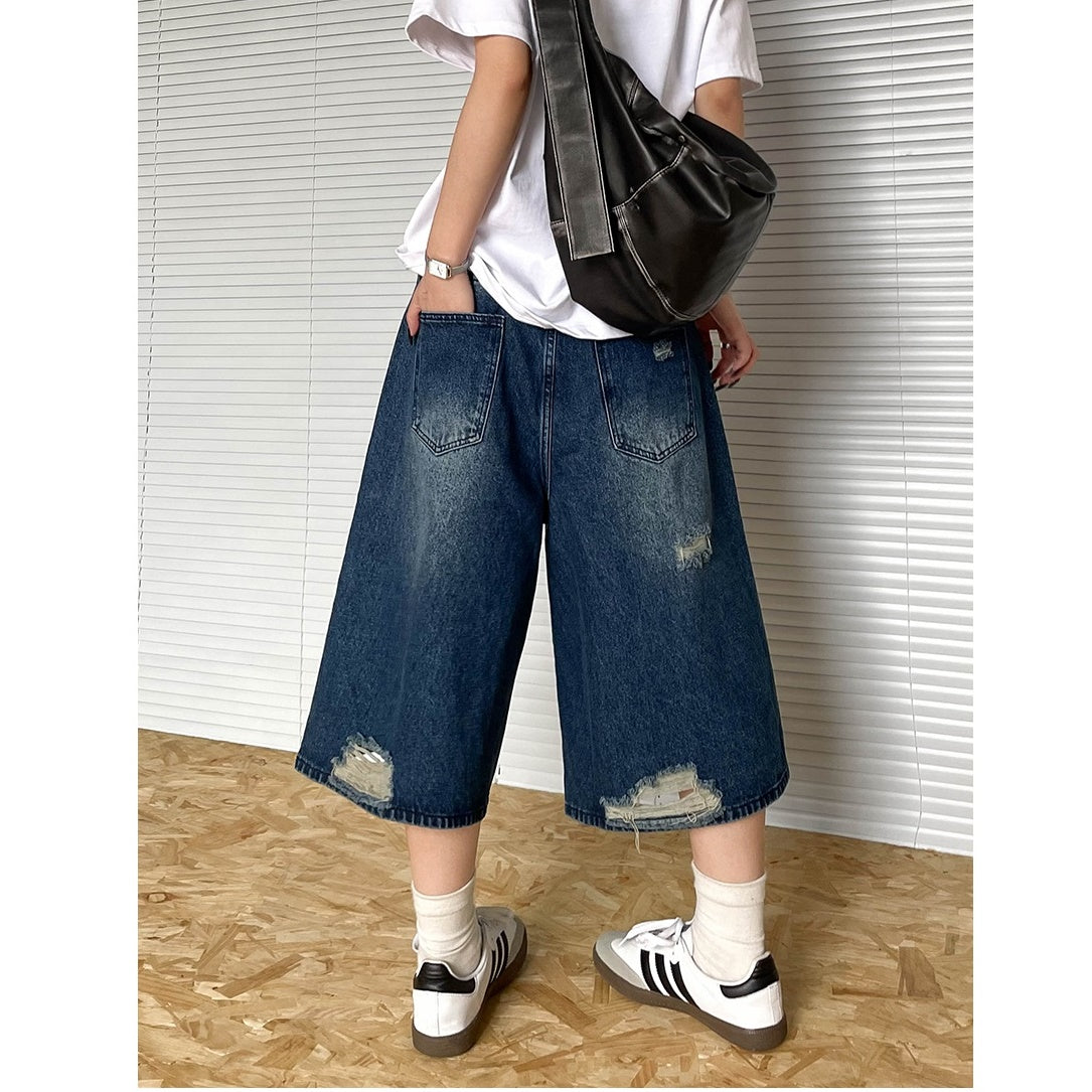 Frayed Design Denim Cropped Loose Short Pants