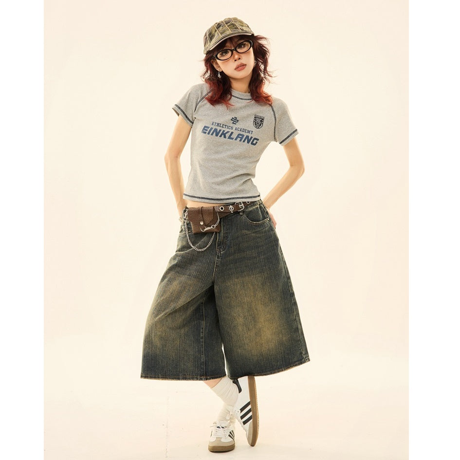 Vintage Wash Distressed Denim Wide-leg Cropped Pants MW9267