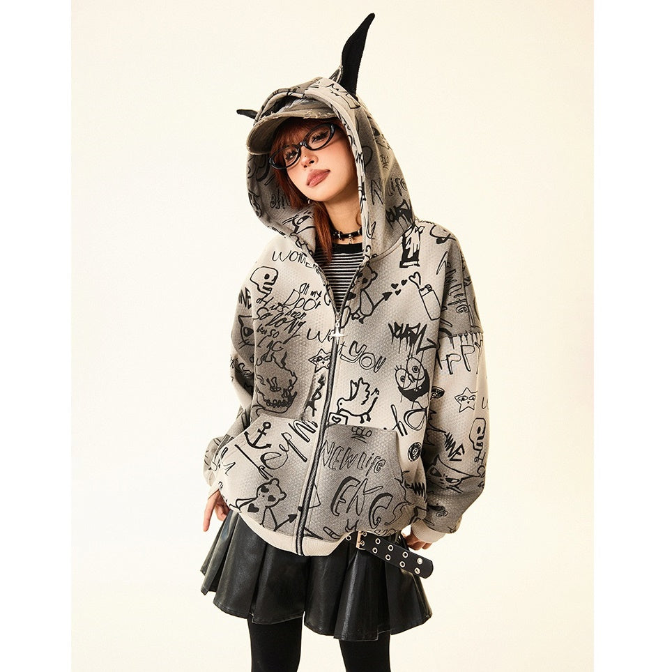 Doberman Ear Hooded Graphic Print Zip-Up Parka MW9701