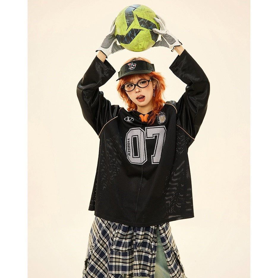 Letter Print Mesh Switching Long Sleeve T-shirt MW9345