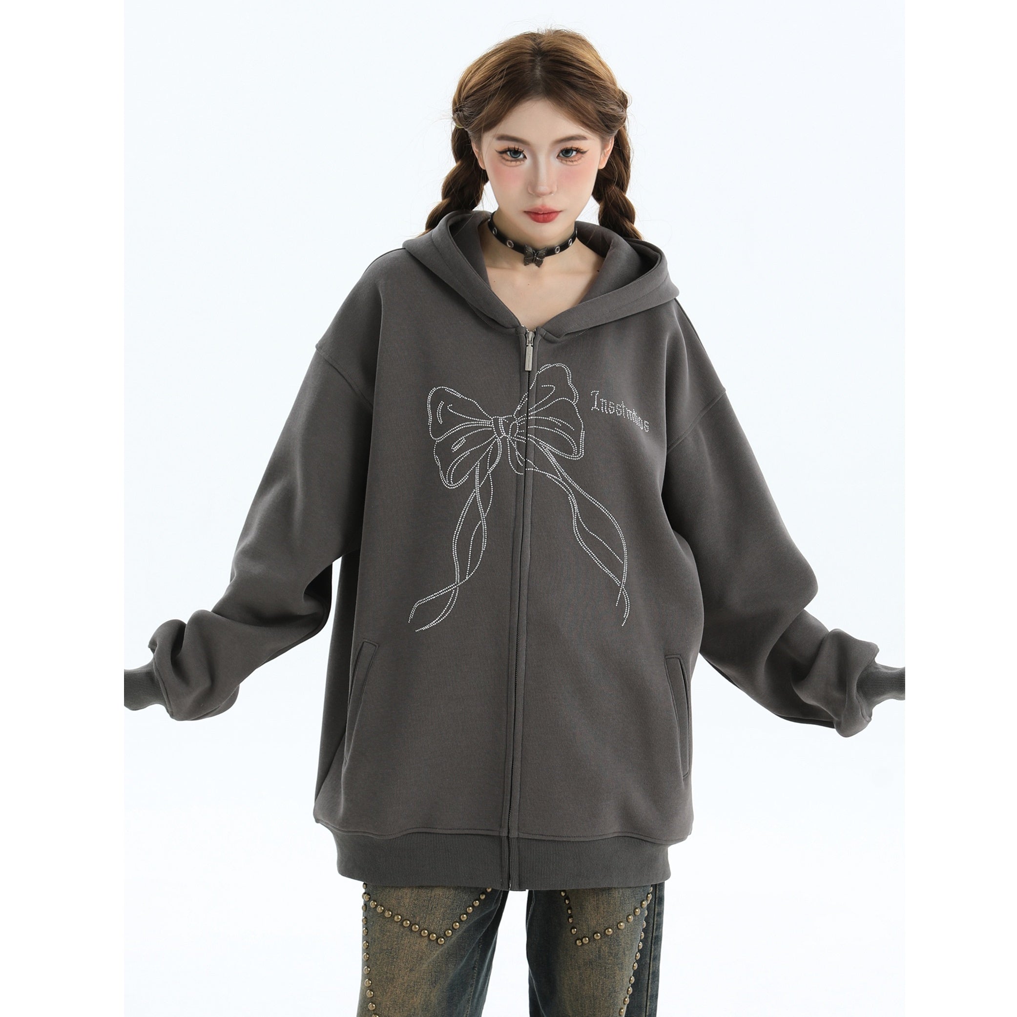 Rhinestone Bow Logo Loose Hooded Zip Parka IN7012