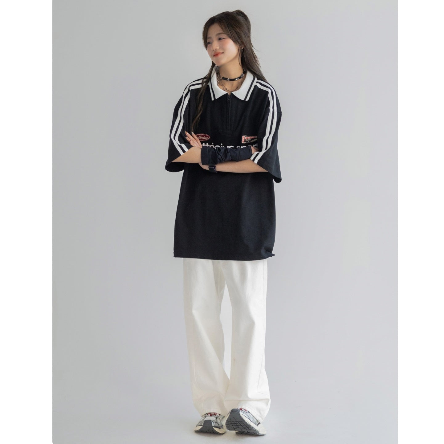 Polo Collar Striped Line Sleeve Half-Zip T-shirt MW9069
