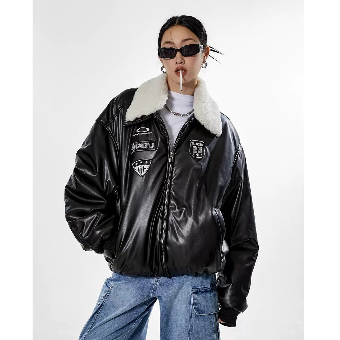 Boa Collar Motorcycle Style Vintage Leather Jackete MW9522