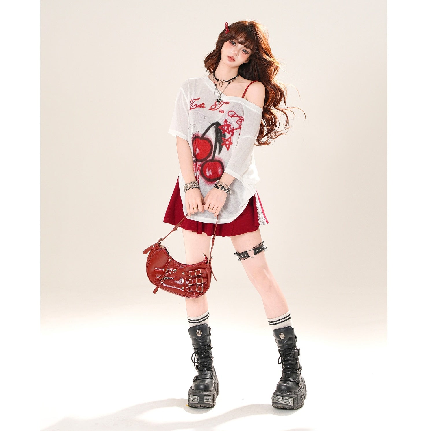 Cherry Print Loose Slanted Shoulder T-Shirt KK2035
