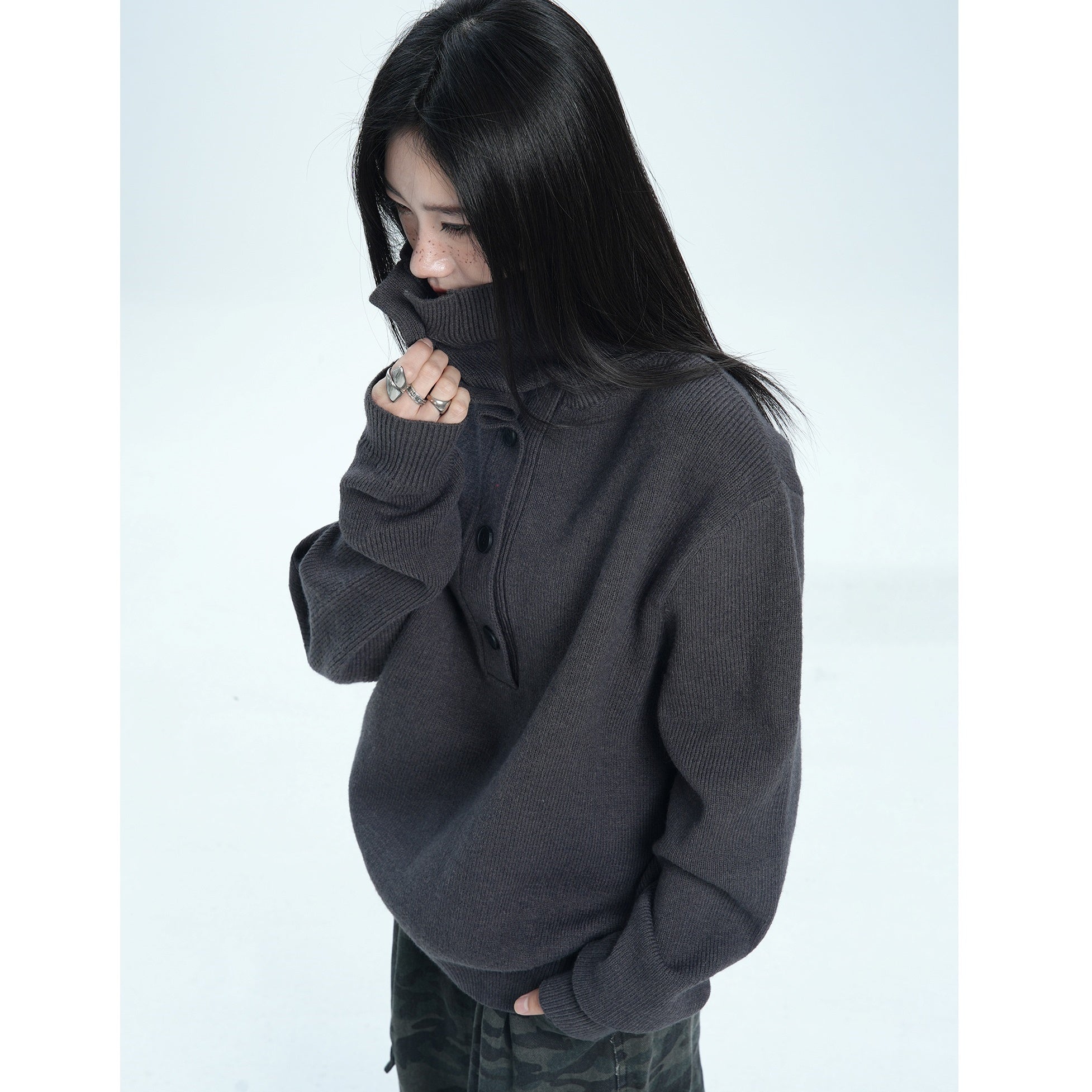 Half-Button High Neck Loose Sweater MW9672