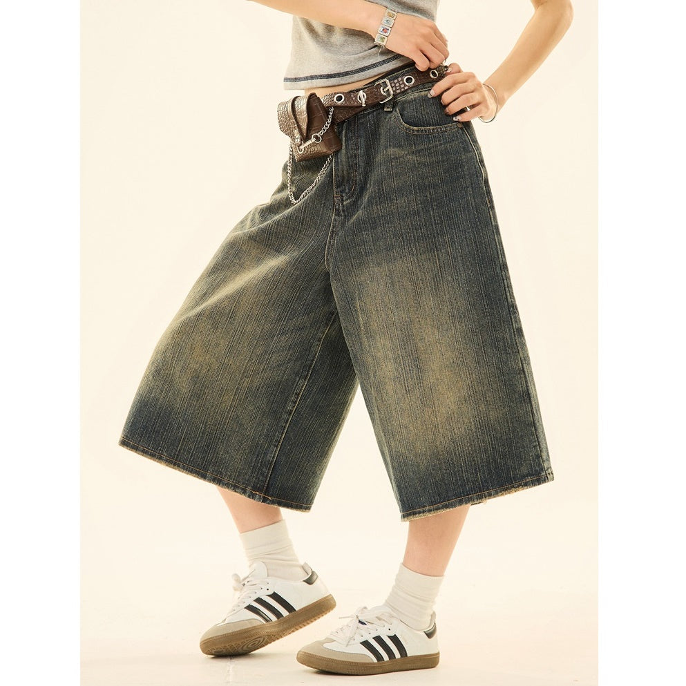 Vintage Wash Distressed Denim Wide-leg Cropped Pants MW9267