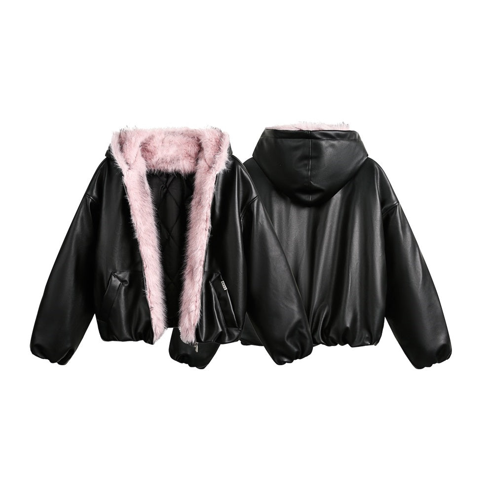 Fur Collar Hooded PU Leather Jacket MW9696