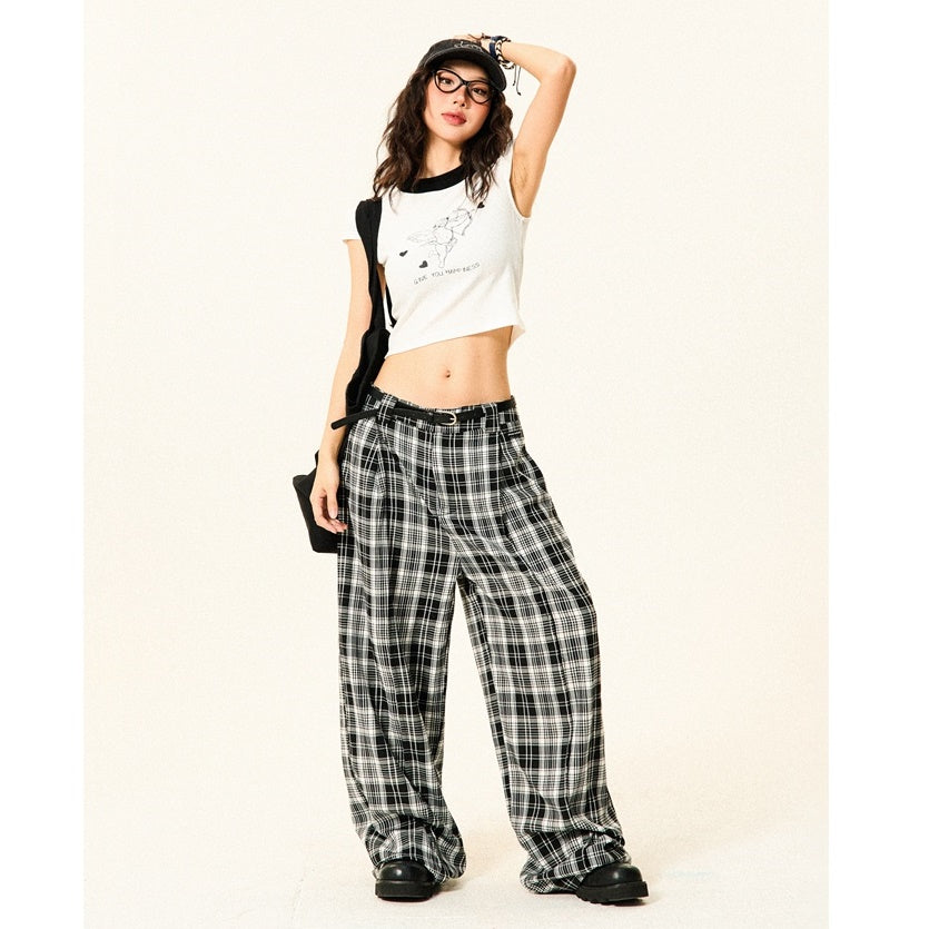 Monotone Plaid Low-waisted Wide-leg Pants YS7009