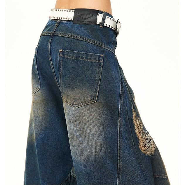 Retro Washed Ripped Stitch Design Loose Jeans YS7007