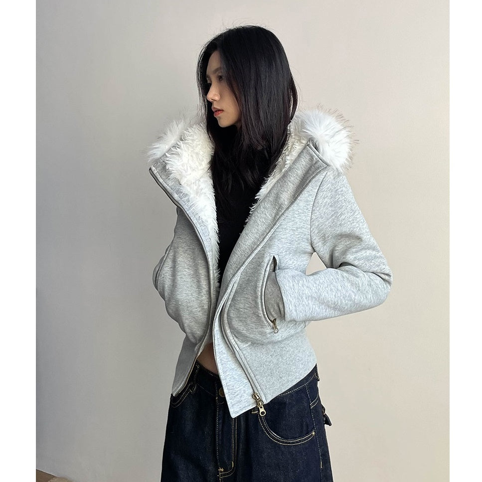 Fur Collar Short Hooded Sweat Jacket MW9763