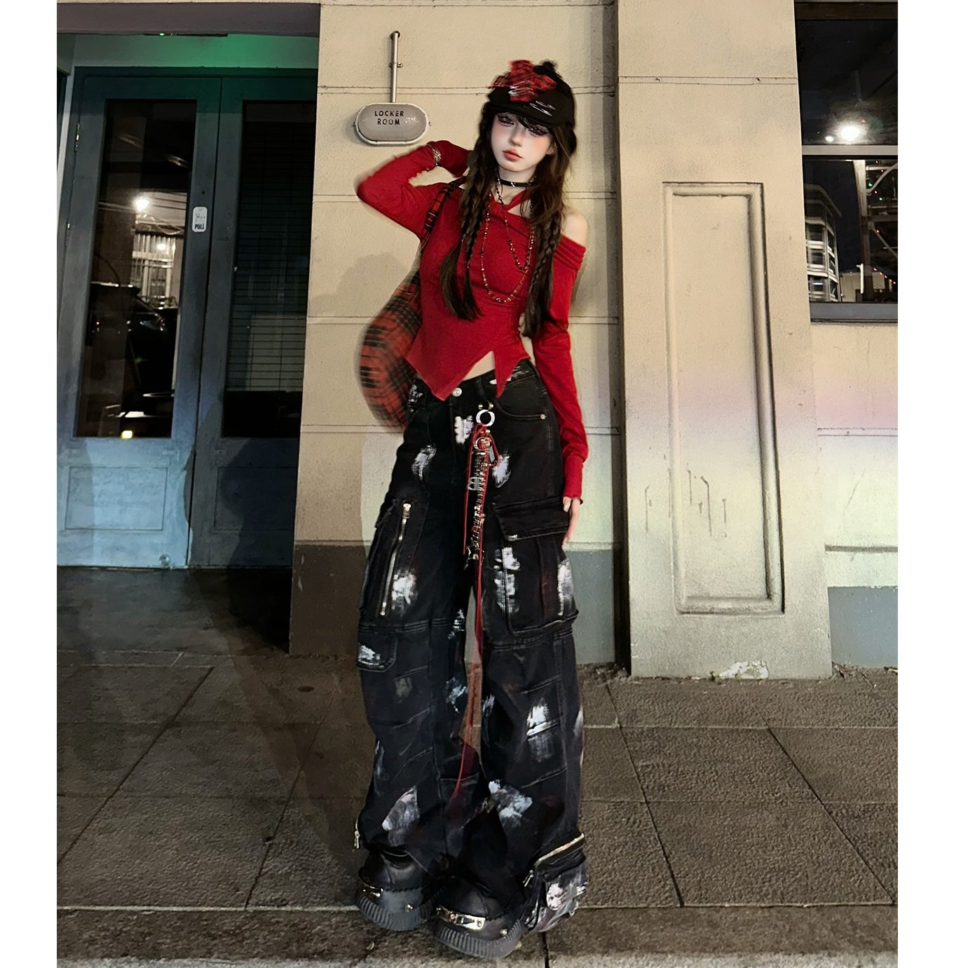 Paint Wide-Leg Zipper Cargo Jeans KK2055