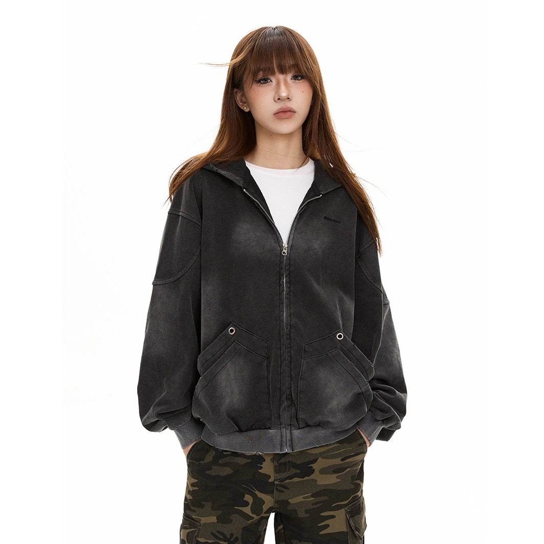 Wash Distressed Hooded Zip-Up Parka MW9493