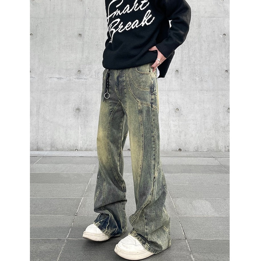 Street Distressed Yellow Mud Dyed Switching Jeans MW9050