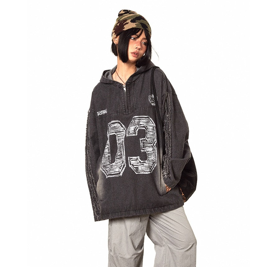 Gradient Distressed Graffiti Lettering Hooded Denim Pullover BB7035