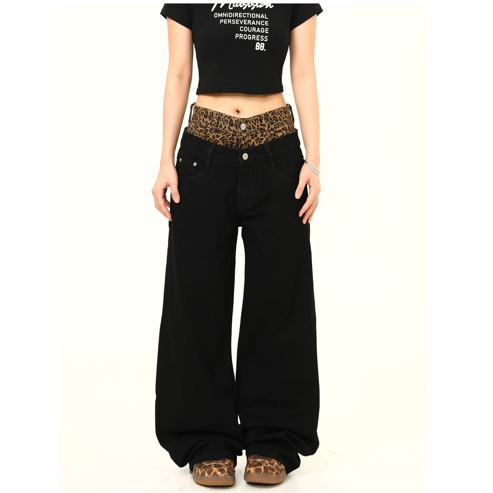 Double Waist Leopard Panel Wide-Leg Jeans MW9278