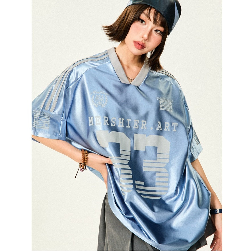 Loose V-Neck Sports Style Shiny T-Shirt YS7003