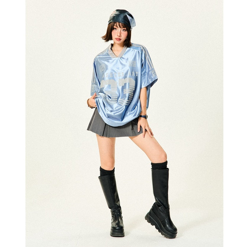 Loose V-Neck Sports Style Shiny T-Shirt YS7003