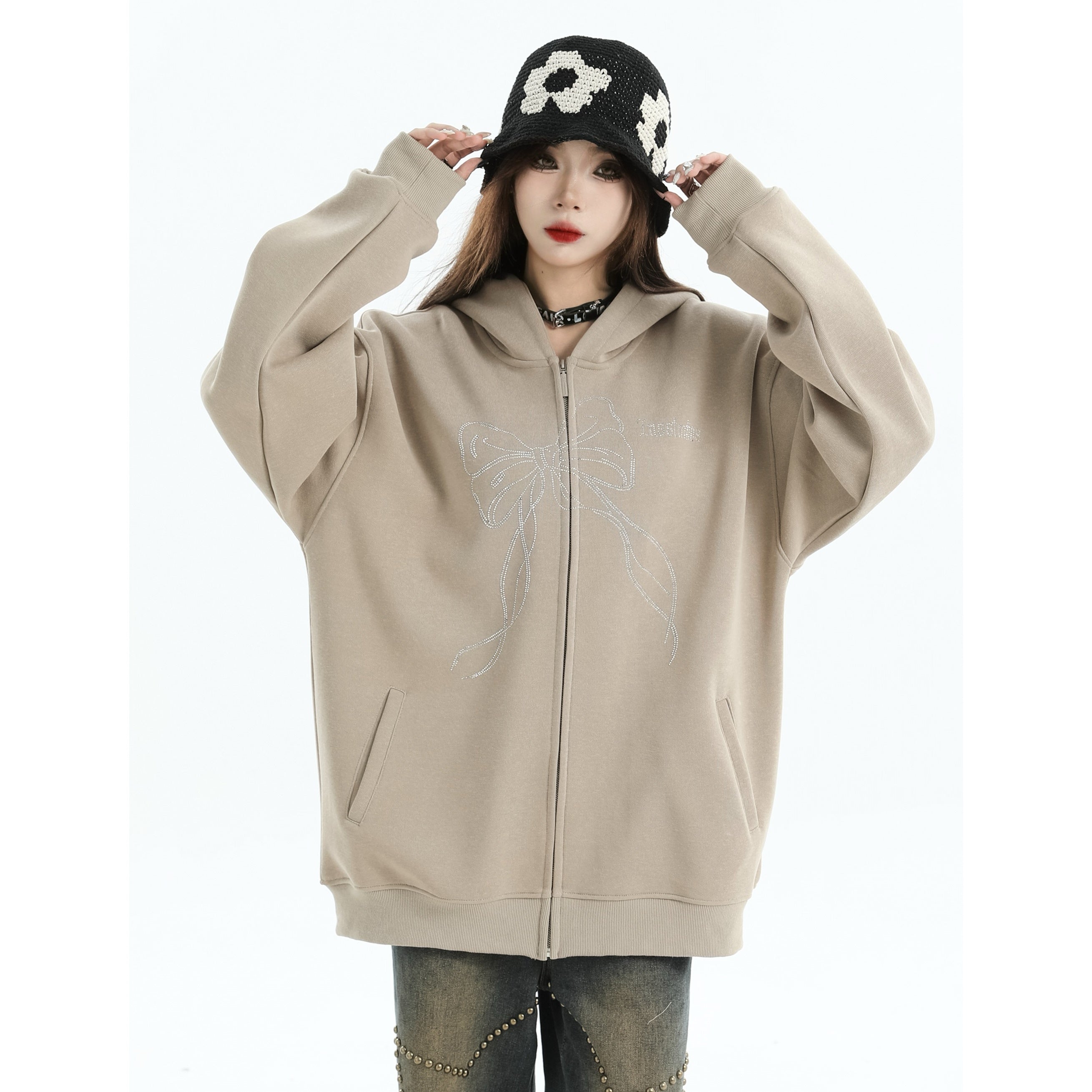 Rhinestone Bow Logo Loose Hooded Zip Parka IN7012