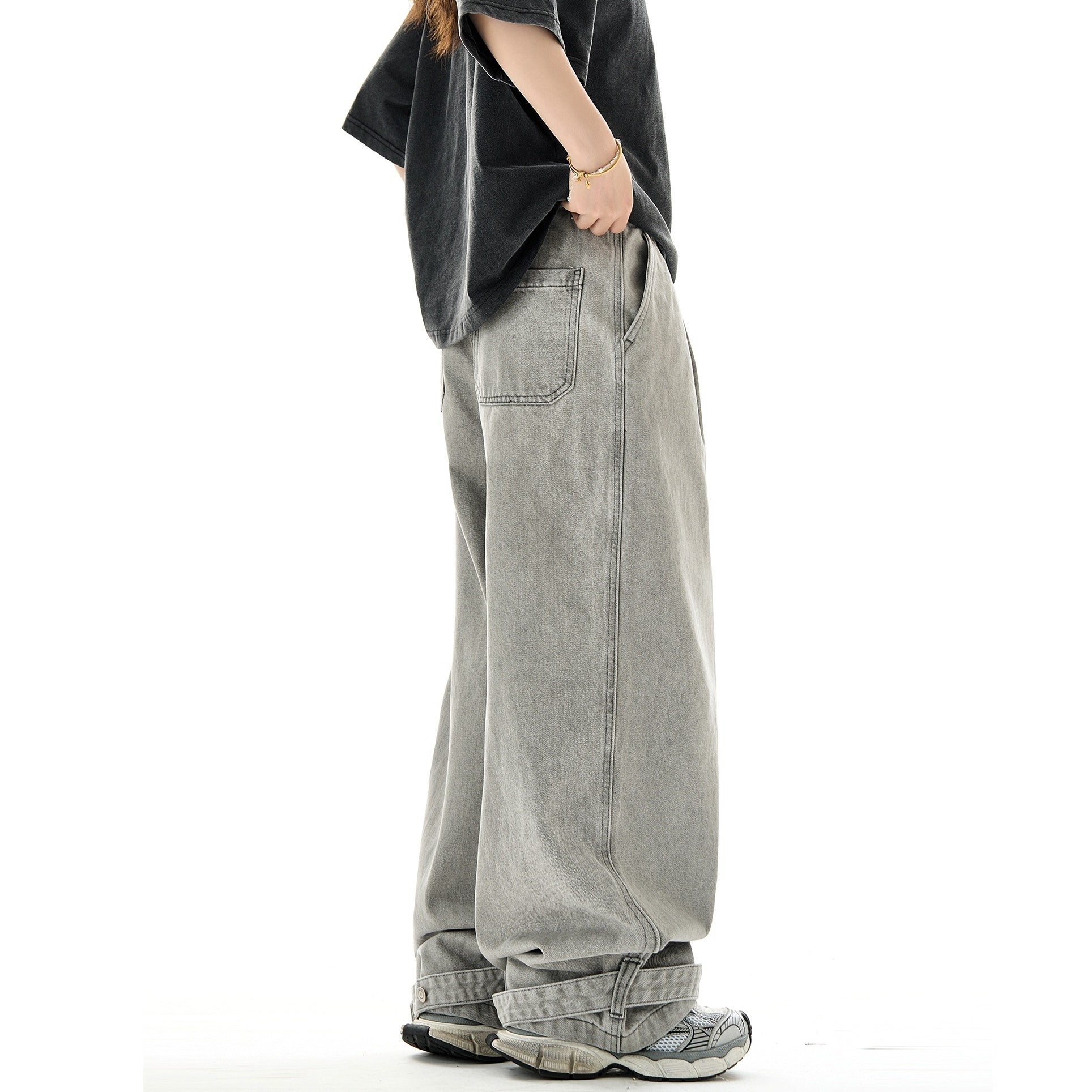 Wide-leg Strap Design Tuck Jeans HG7095