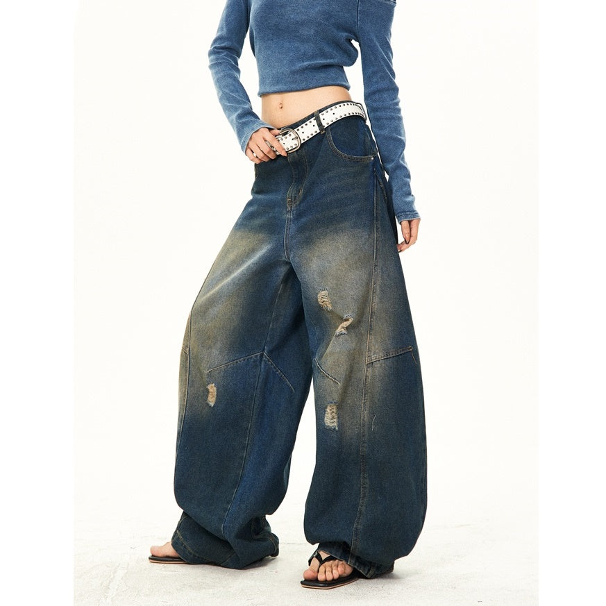 Retro Washed Ripped Stitch Design Loose Jeans YS7007