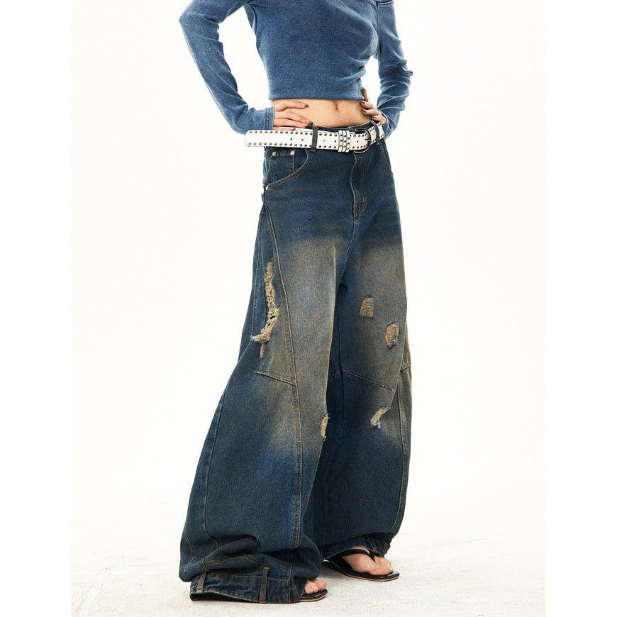 Retro Washed Ripped Stitch Design Loose Jeans YS7007