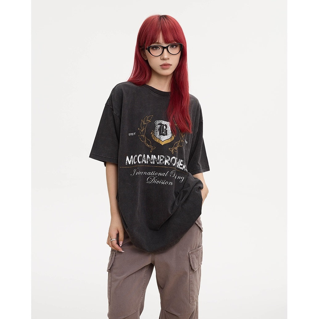 Vintage Washed Distressed Letter Print T-shirt AP7002