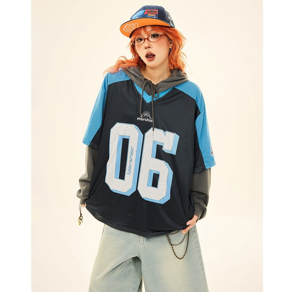 Vintage Fake Layered Sporty Hooded Pullover MW9333