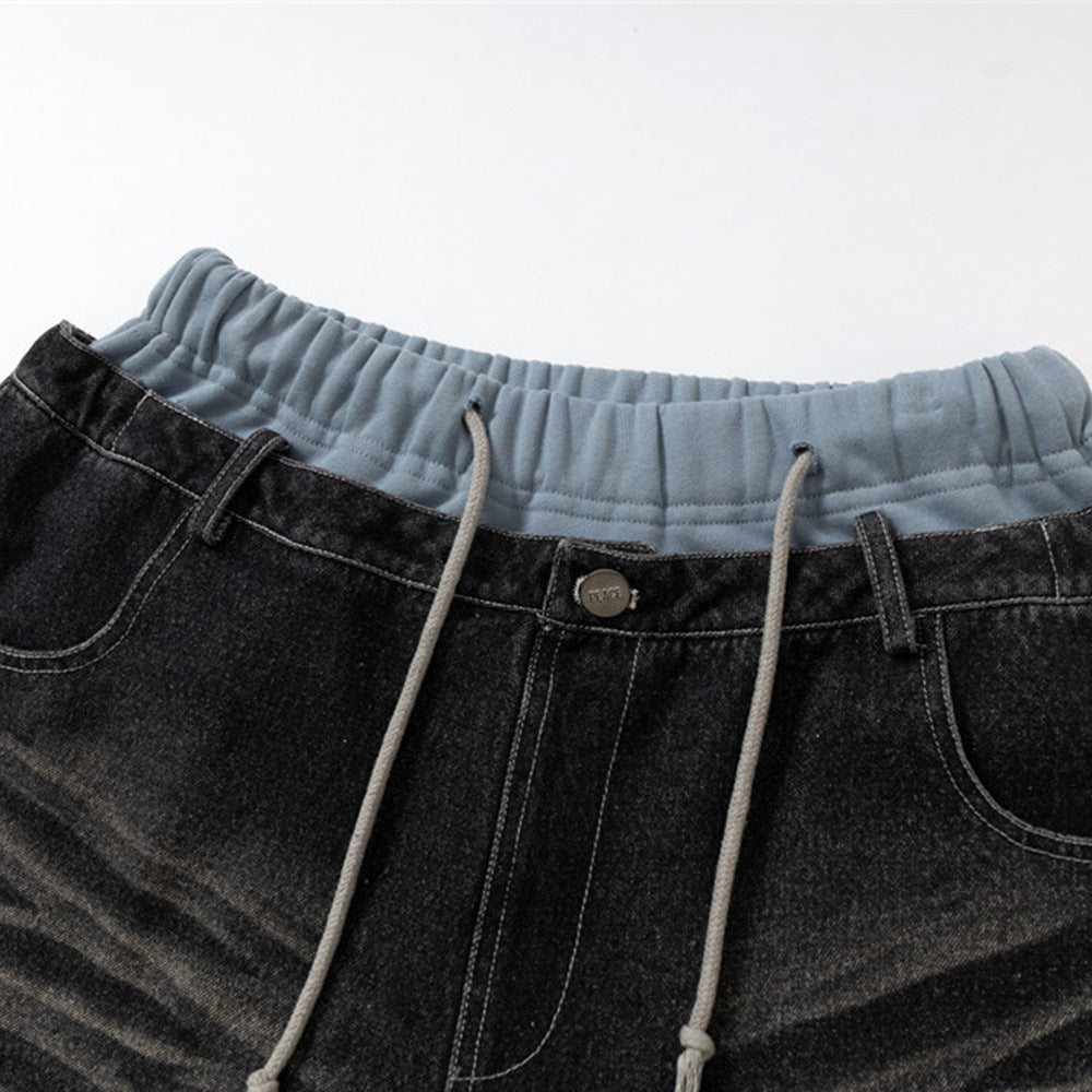 Fake Two Pieces Punk Denim Patchwork Flare Pants MW10338