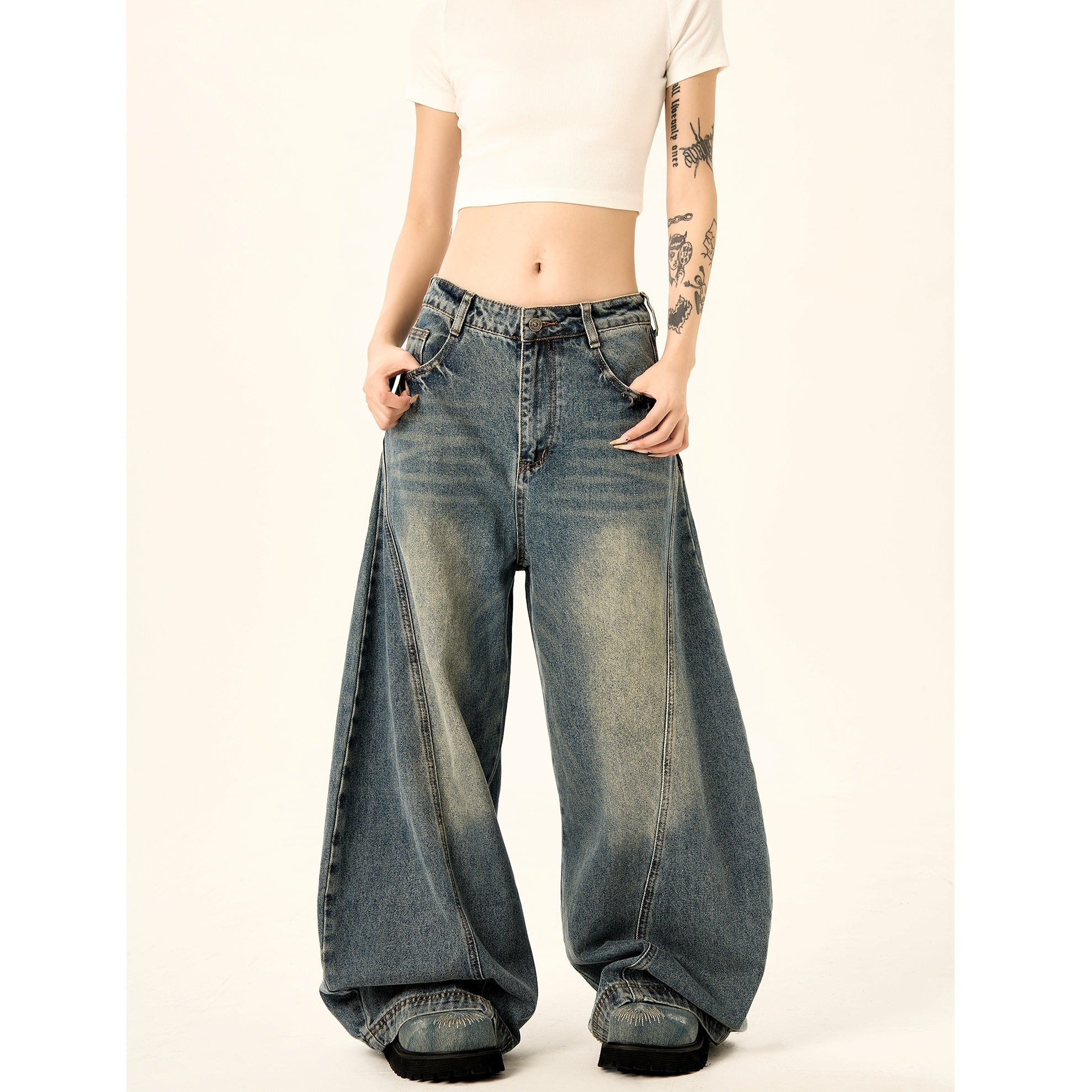 Balloon Wide-leg Switching Wash Jeans HG7125